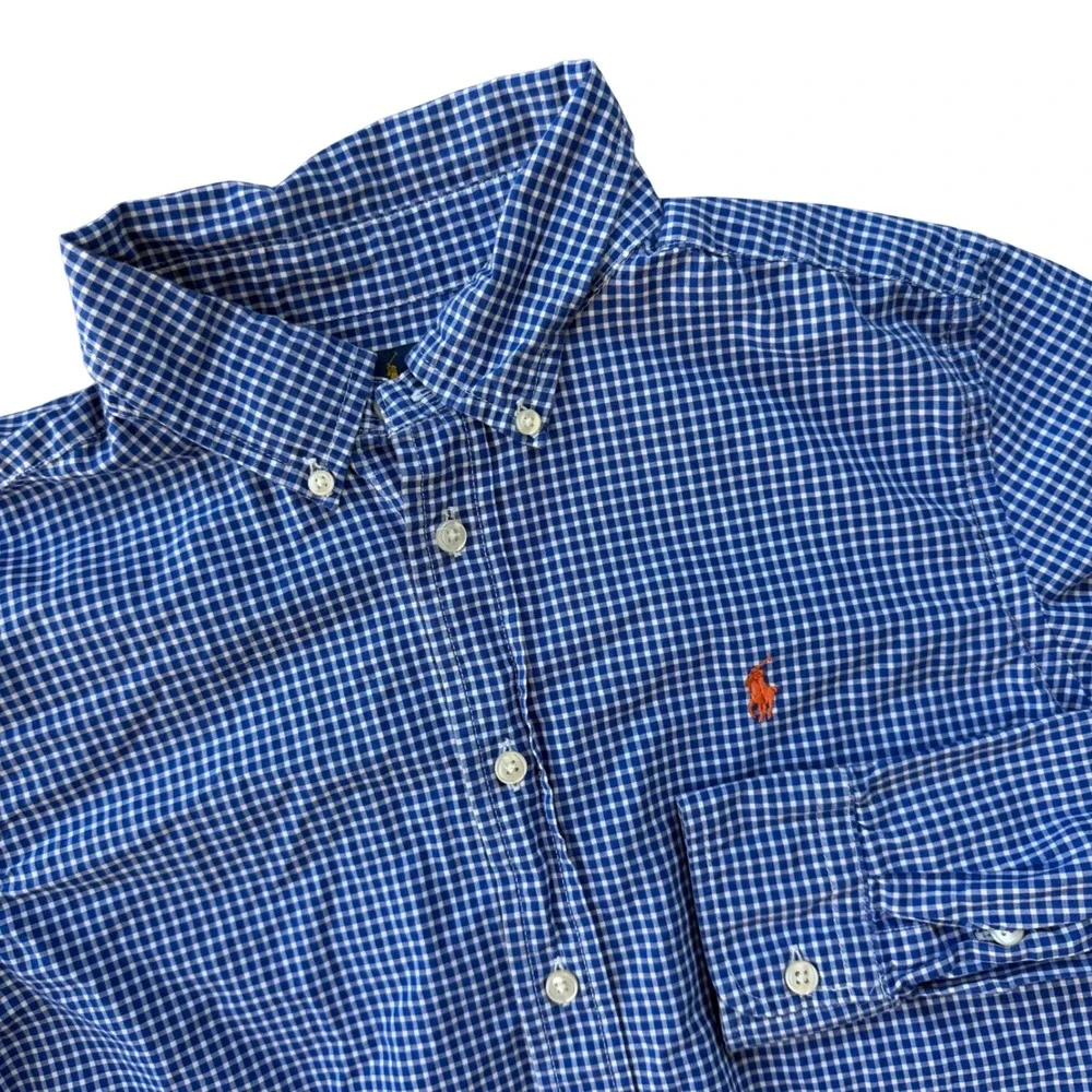 Ralph Lauren Boys Blue Gingham Button Down Shirt Large 14-16 Orange Pony Logo